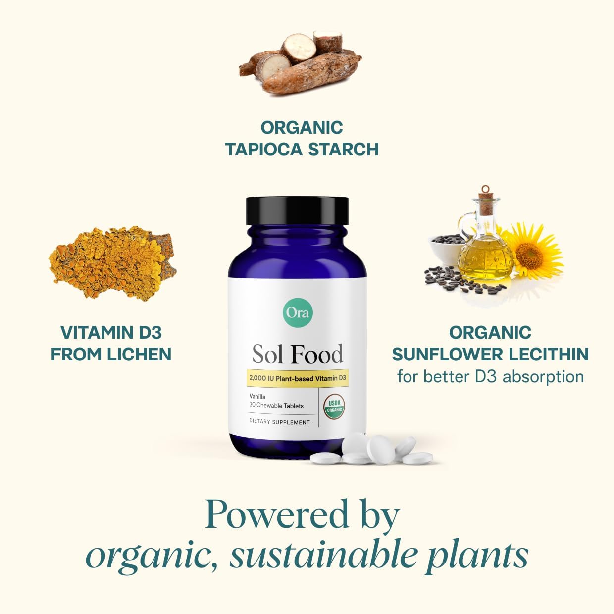 Vitamina D3 2000 IU Vegana - Comprimibles de Liquen - Ora Organic