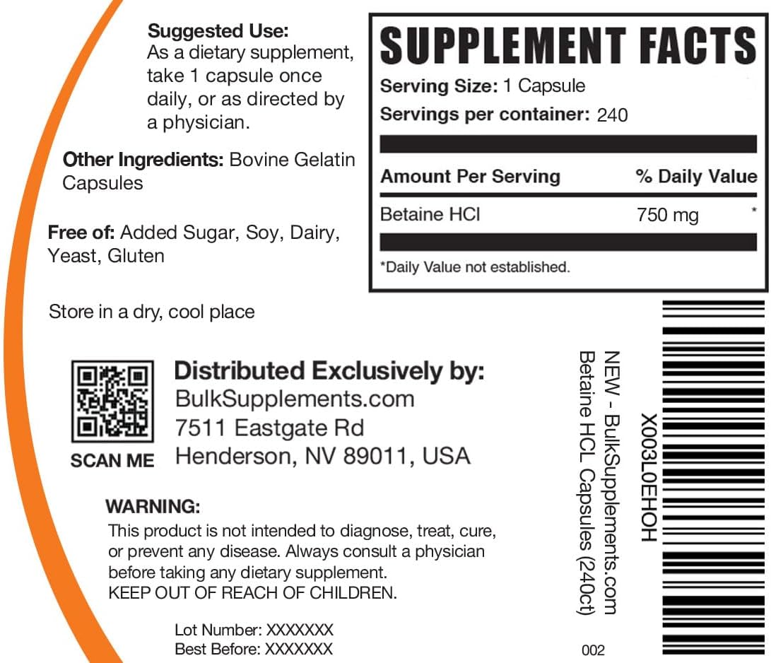 Betaine HCl 750 mg - 240 Cápsulas - Suplemento Digestivo - BulkSupplements