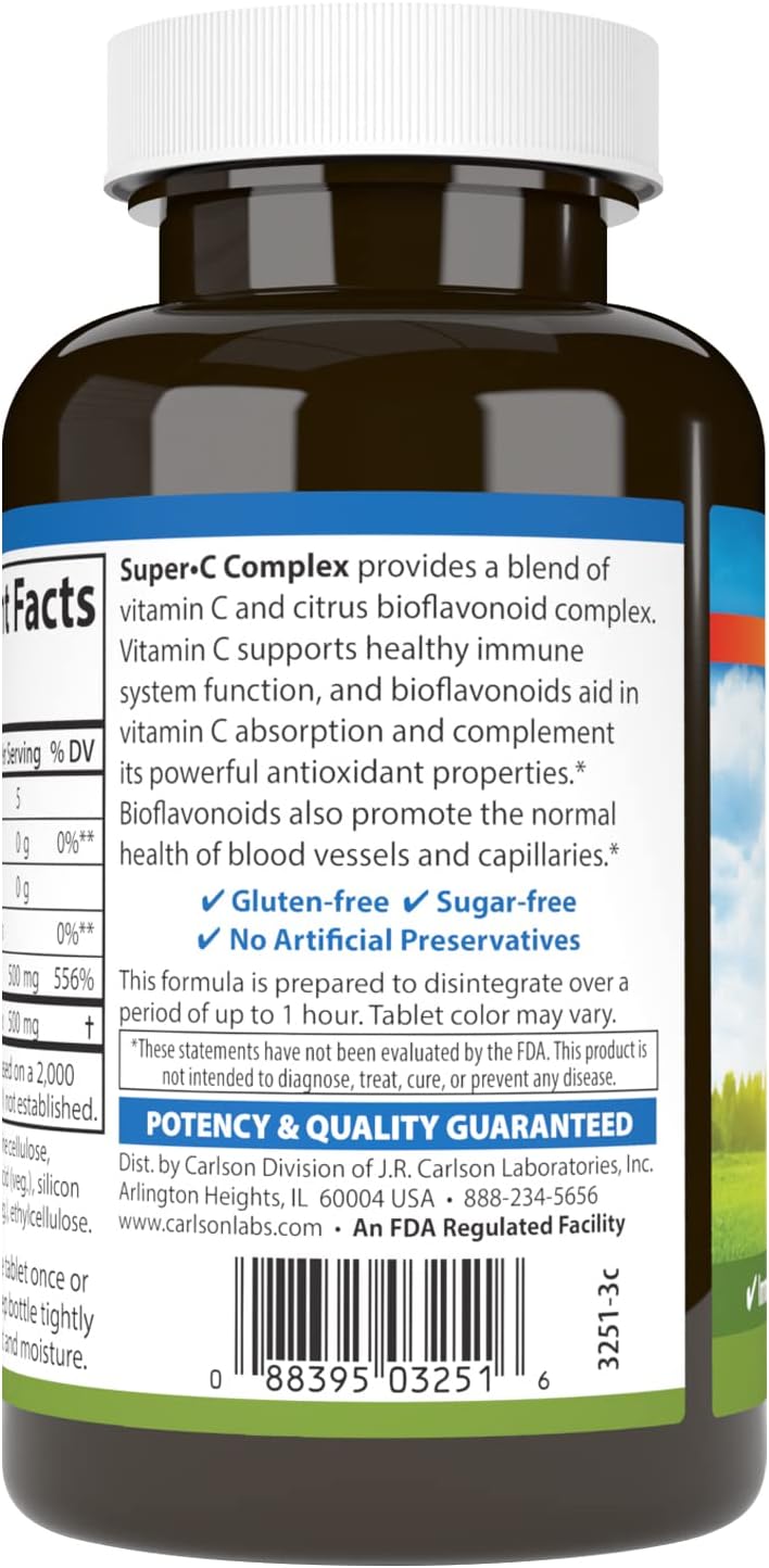 Carlson Super-C Complex - Vitamina C + Bioflavonoides, 100 Comprimidos Vegetarianos