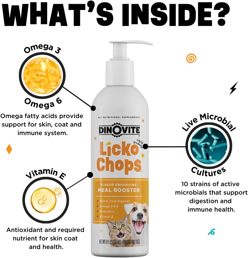 Dinovite Lickochops Suplemento para Perros y Gatos con Ácidos Grasos Omega-3 y 6, Probióticos y Vitamina E, 473 ml con Dosificador