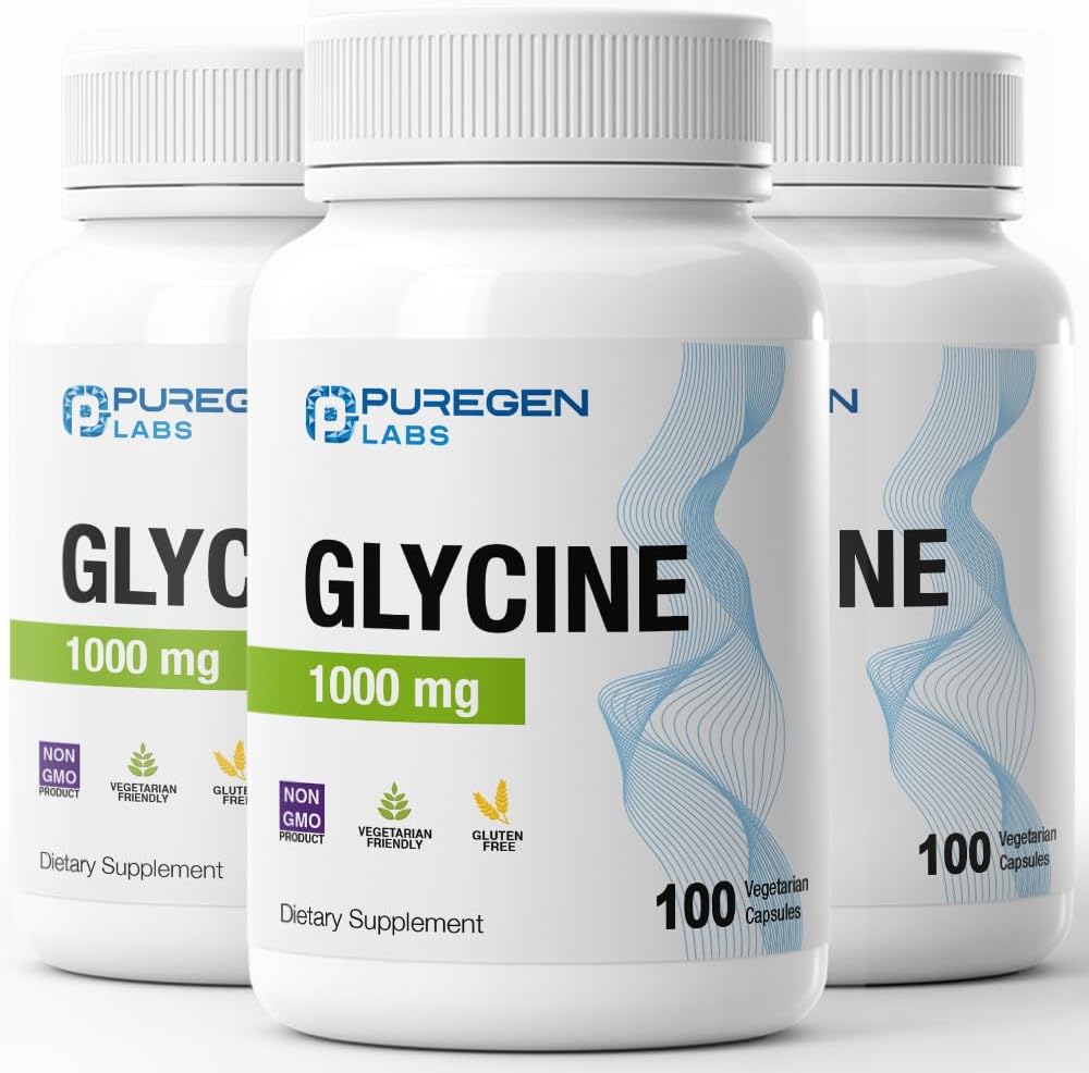 Puregen Labs Glicina 1000mg [Alta Potencia] 100 Cápsulas Vegetales - Suplemento de Glicina Pura
