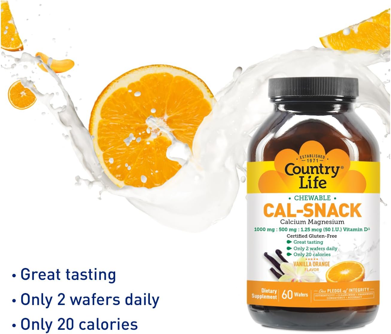 Country Life Cal-Snack - Calcio, Magnesio y Vitamina D Masticable - 1000 mg / 500 mg / 50 UI - 60 obleas