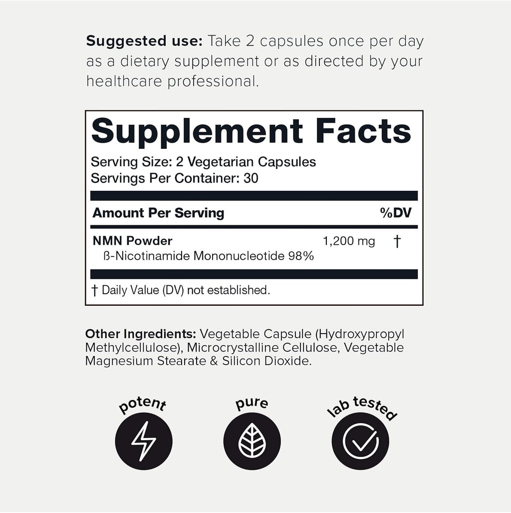 Toniiq NMN Supplement 1200mg - 60 Cápsulas de Nicotinamida Mononucleótido Puro al 98%