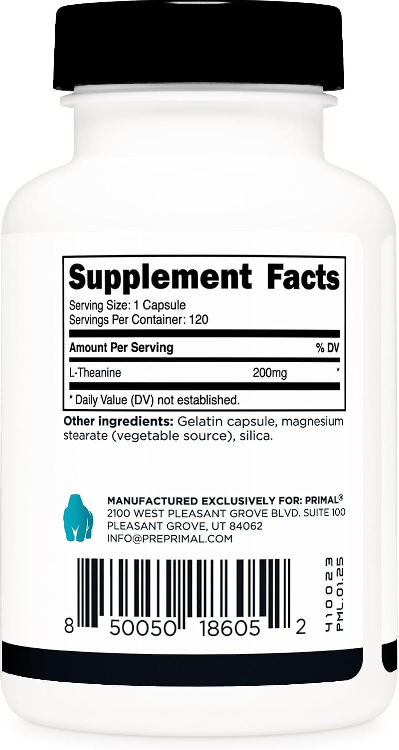 Primal L-Teanina Cápsulas (120 Servicios, 200mg por Servicio) - No Transgénico, Sin Gluten