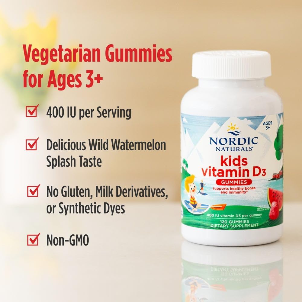Nordic Naturals Gomitas de Vitamina D3 para Niños, Sabor Sandía Salvaje - 60 Gomitas - 400 UI