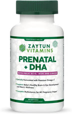 Zaytun Vitamins Vitaminas Prenatales Halal + DHA, Ácido Fólico, Hierro, Jengibre, 60 Cápsulas Blandas