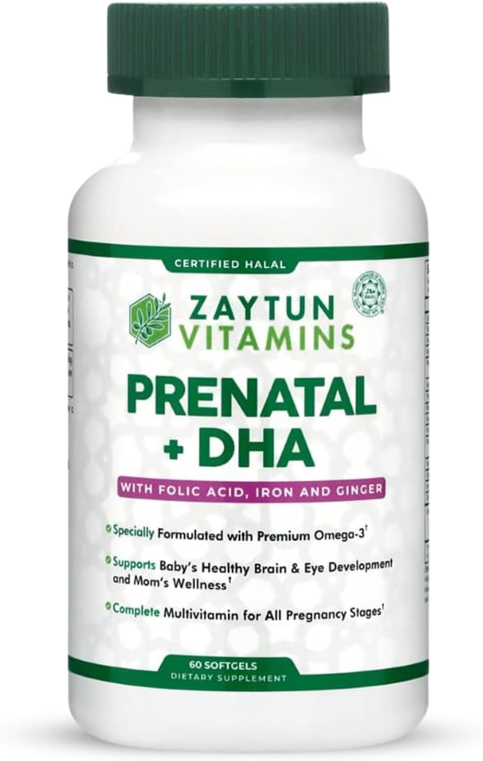Zaytun Vitamins Vitaminas Prenatales Halal + DHA, Ácido Fólico, Hierro, Jengibre, 60 Cápsulas Blandas