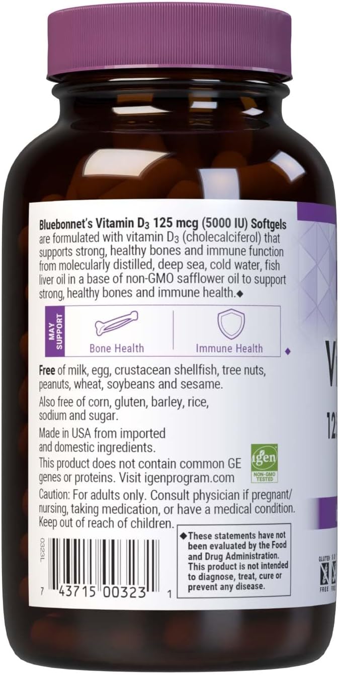 Bluebonnet Nutrition Vitamina D3 5000 UI Cápsulas Blandas, 250 Cápsulas