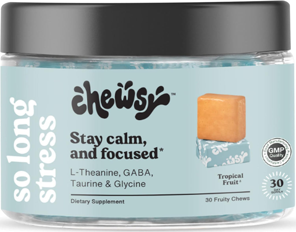 Chewsy So Long Stress – Gomitas calmantes con L-teanina, GABA, Glicina, Tirosina, Taurina y Magnesio – Sin OGM y gluten – Sabor tropical, 30 unidades