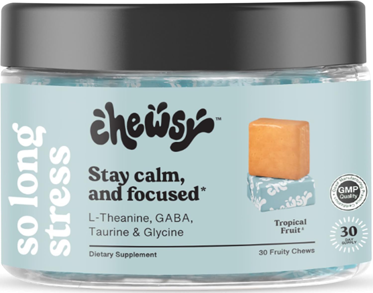 Chewsy So Long Stress – Gomitas calmantes con L-teanina, GABA, Glicina, Tirosina, Taurina y Magnesio – Sin OGM y gluten – Sabor tropical, 30 unidades