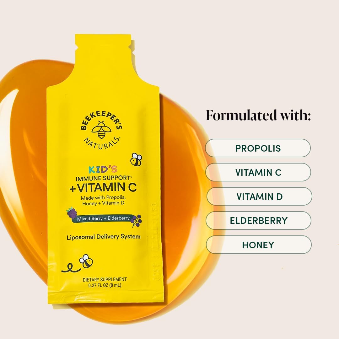 Beekeeper's Naturals Kid's Immune Liposomal Vitamin C - 500 mg de Vitamina C con Saúco, Vitamina D, Propóleo y Miel - Sabor Bayas Mixtas - 30 Sobres