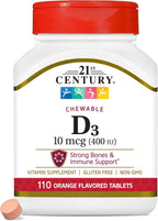 21st Century Vitamina D3 400 UI Comprimidos Masticables Sabor Naranja, 110 Comprimidos (Paquete de 2)
