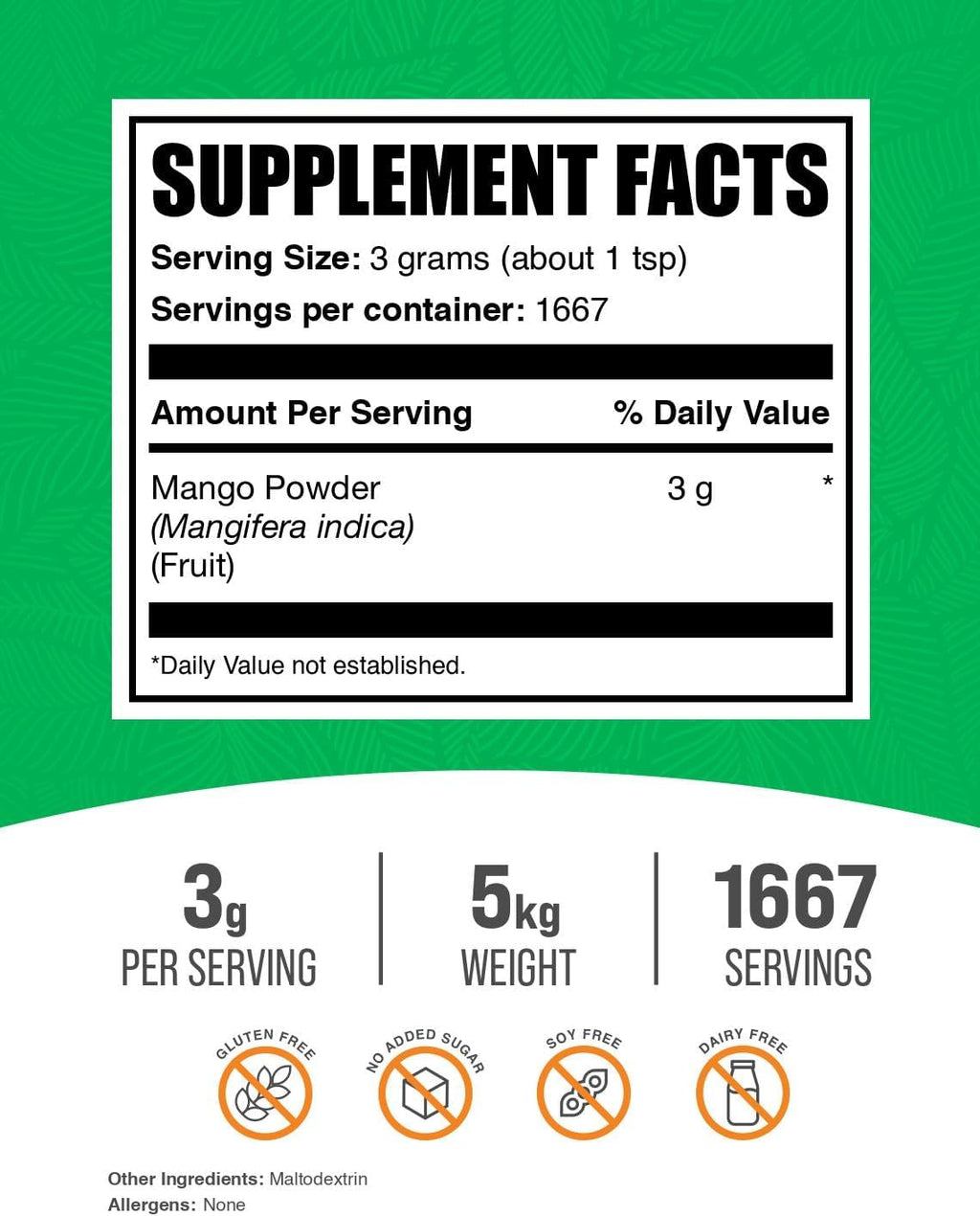 Polvo de Mango - Mango Fruit Powder - Sin Gluten y Sin Azúcar, 3g por Ración, 1667 Raciones, 5kg (Pack de 5)
