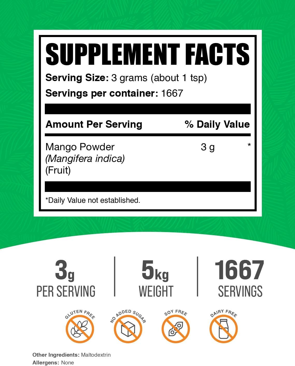 Polvo de Mango - Mango Fruit Powder - Sin Gluten y Sin Azúcar, 3g por Ración, 1667 Raciones, 5kg (Pack de 5)