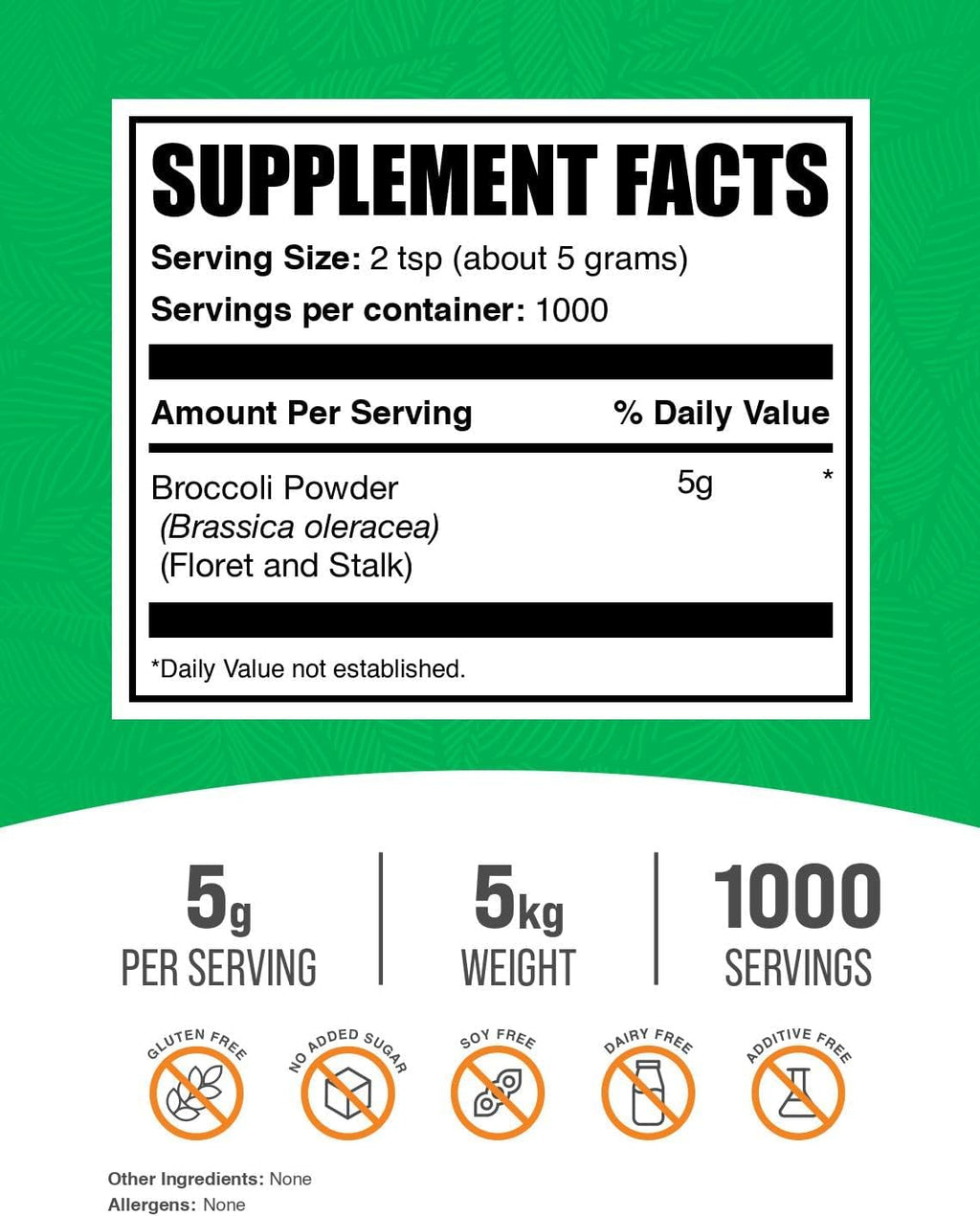 BulkSupplements.com Polvo de Brócoli - Suplemento de Sulforafano, Vegano y Sin Gluten, 5g por Porción, 1kg (Paquete de 5)