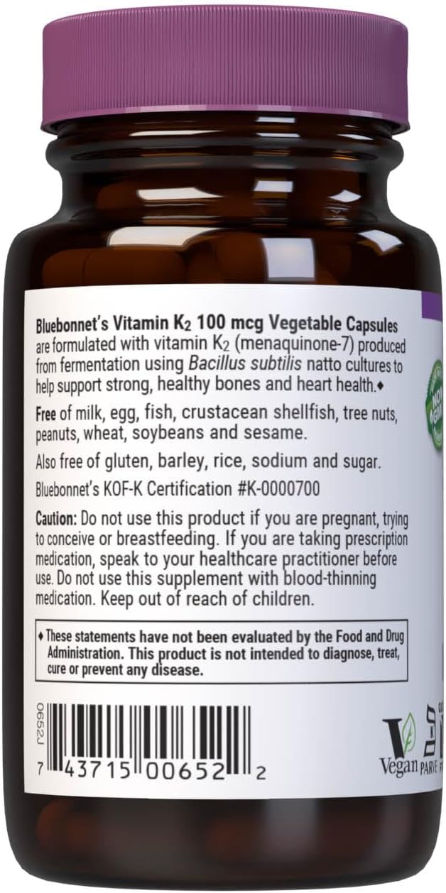 Vitamin K2 (Menaquinone-7) 100 mcg, 50 Vegetarian Capsules - BlueBonnet