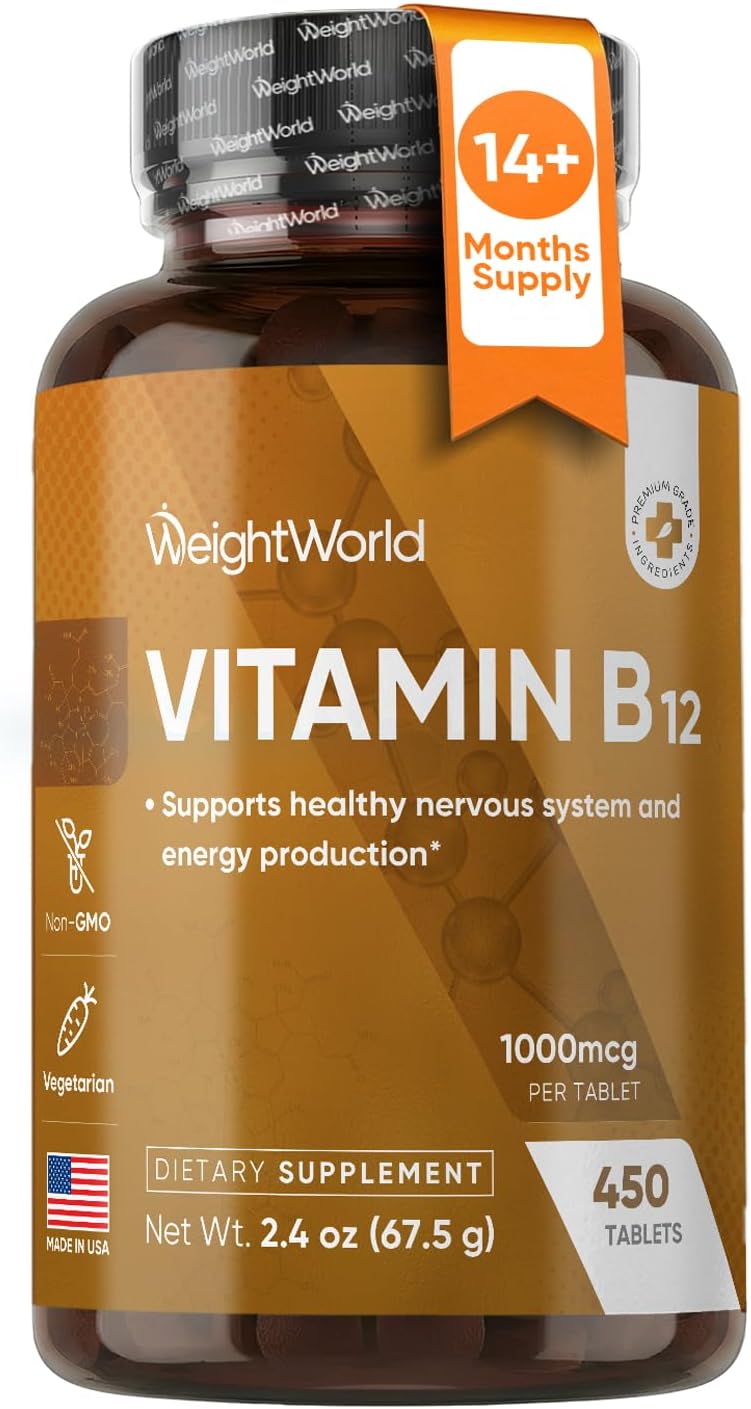 WeightWorld Vitamina B12 1000 mcg - 450 Comprimidos - Metilcobalamina Activa - Vegano, No-GMO - 1+ Año de Suministro