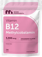 Micro Ingredients Vitamina B12 5000 mcg Metilcobalamina – 240 Comprimidos Masticables Sabor Fresa