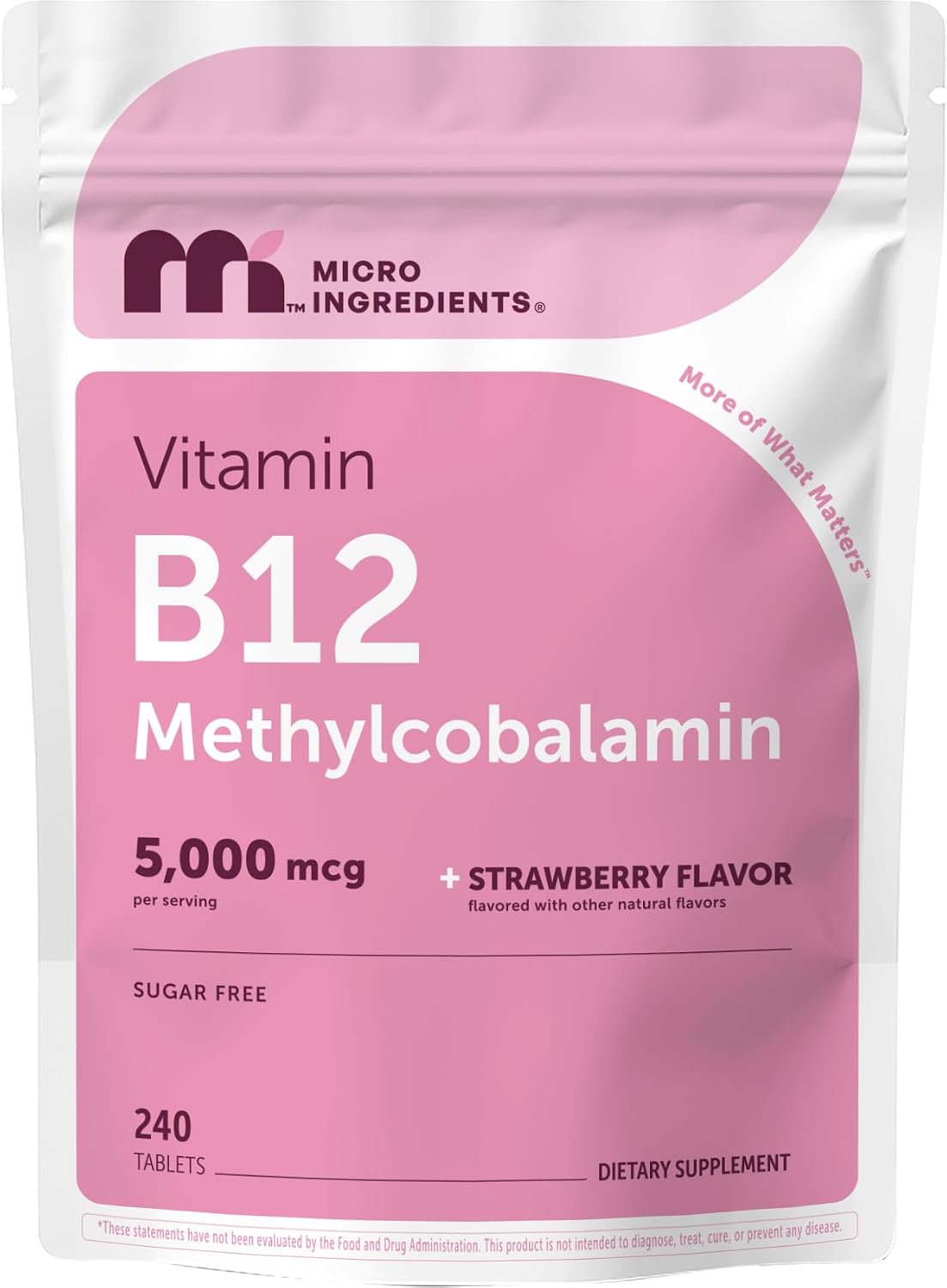 Micro Ingredients Vitamina B12 5000 mcg Metilcobalamina – 240 Comprimidos Masticables Sabor Fresa
