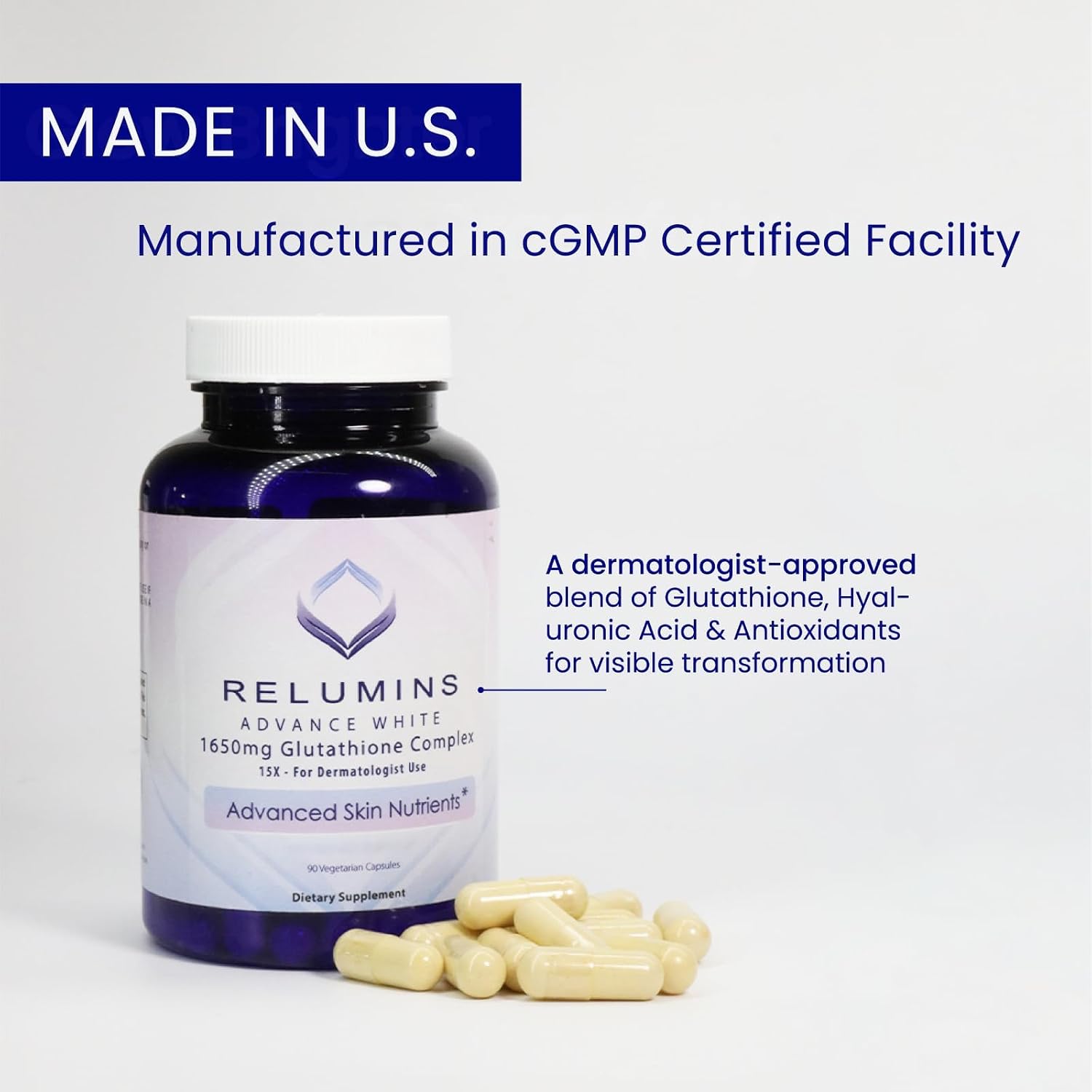 Relumins Complejo de L-Glutión 1650mg con Ácido Hialurónico, Alfa Lipoico, Escaramujo, Vitamina E y Riboflavina - 90 Cápsulas