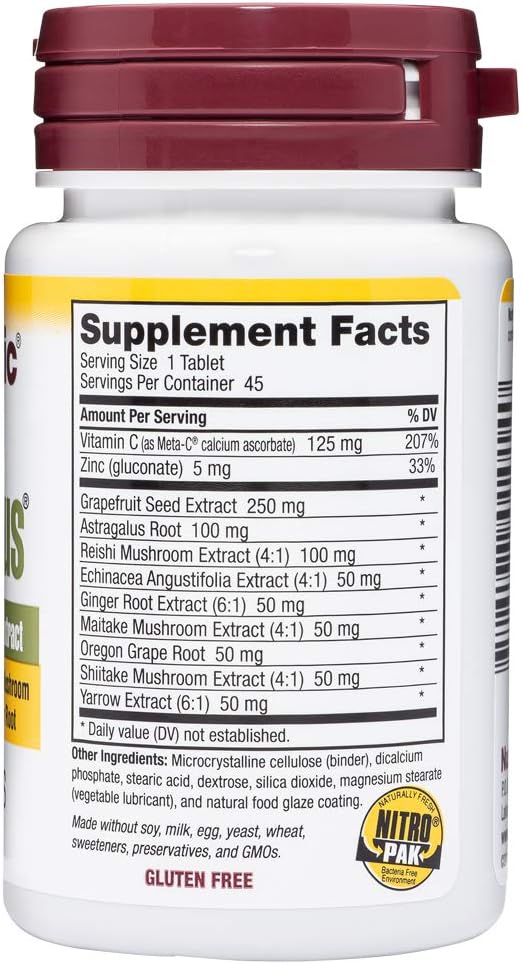 NutriBiotic DefensePlus, 45 comprimidos | Apoyo inmunitario 11 en 1 con vitamina C, zinc, extracto de semilla de pomelo, equinácea, raíz de astrágalo y extractos de hongos | Vegano y sin gluten