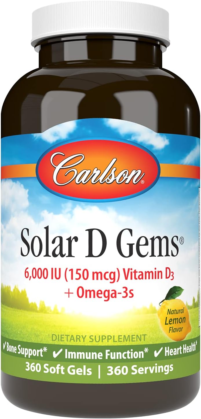 Carlson Solar D Gems - Vitamina D3 y Omega-3, 6000 IU (150 mcg) de D3 + 115 mg de EPA y DHA, 360 perlas blandas de sabor limón