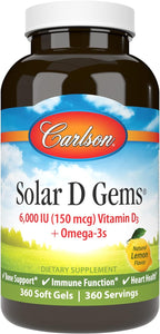 Carlson Solar D Gems - Vitamina D3 y Omega-3, 6000 IU (150 mcg) de D3 + 115 mg de EPA y DHA, 360 perlas blandas de sabor limón