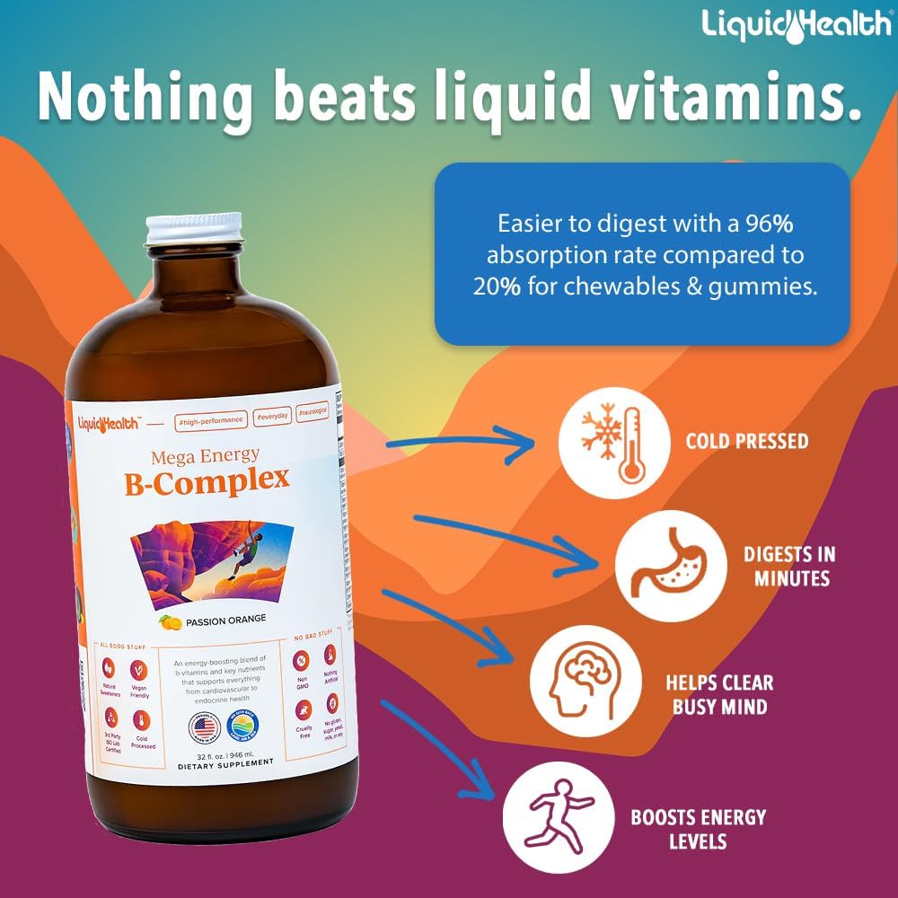 LIQUIDHEALTH Mega Energy Complejo B Metilado - Suplemento Líquido de Vitaminas B para Adultos, 3 unidades