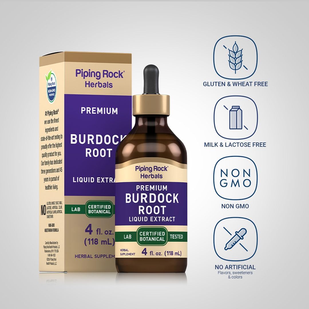 Piping Rock Tintura de Raíz de Bardana | Extracto Líquido Premium | 118 ml | Complemento Alimenticio Herbal | No OGM, Sin Gluten