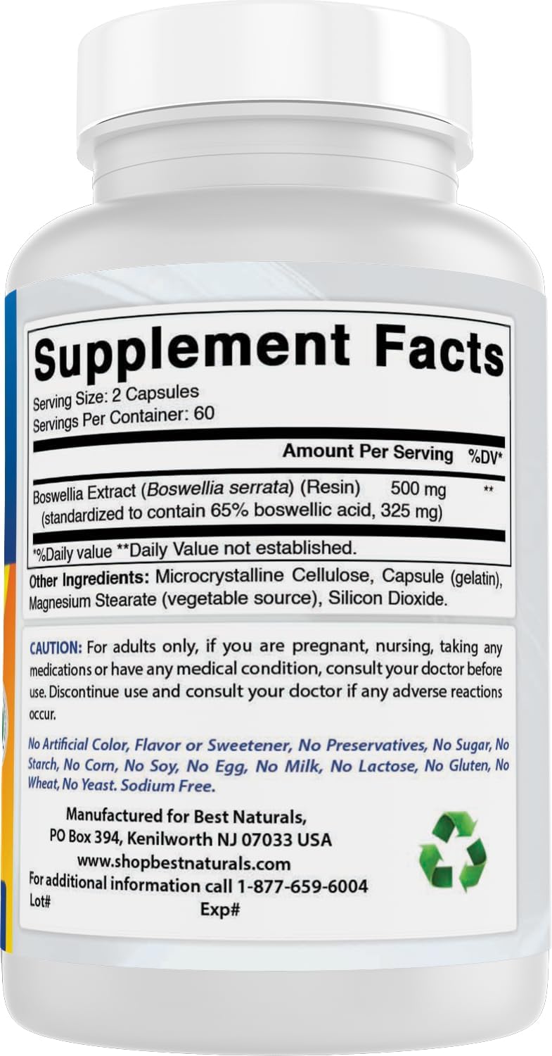 Best Naturals Boswellia Serrata 250 mg - 120 Capsules - Standardized to 65% Boswellic Acid