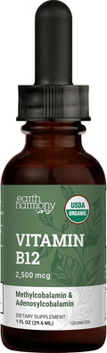Earth Harmony Naturals Vitamina B12 Orgánica Vegana - 2500 mcg Metilcobalamina Líquido Sublingual - 30 ml