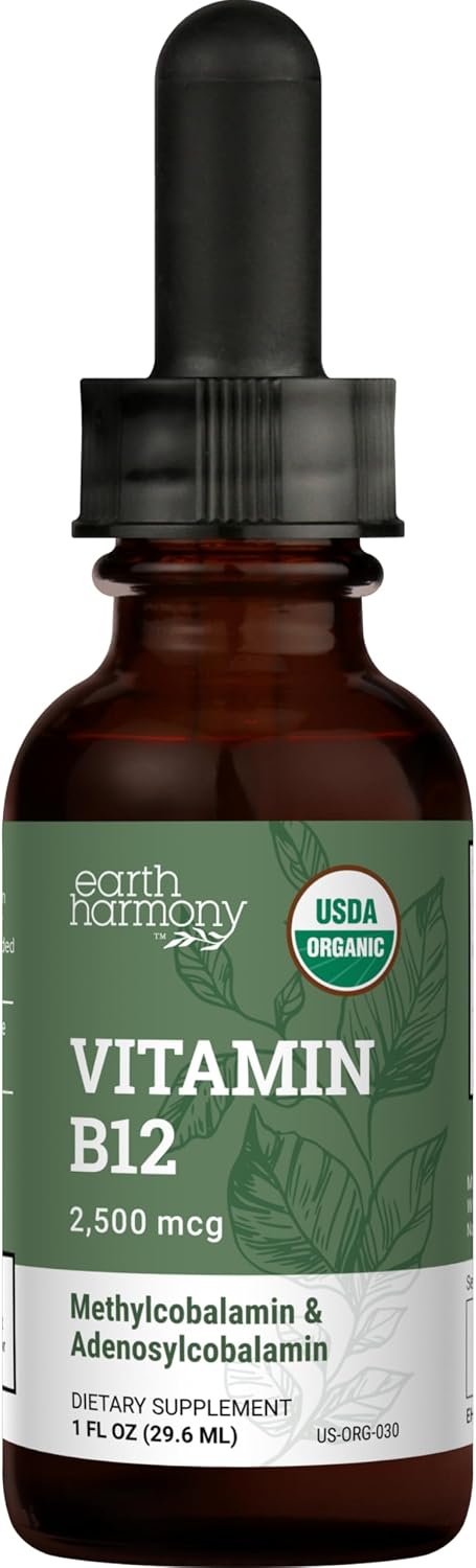Earth Harmony Naturals Vitamina B12 Orgánica Vegana - 2500 mcg Metilcobalamina Líquido Sublingual - 30 ml