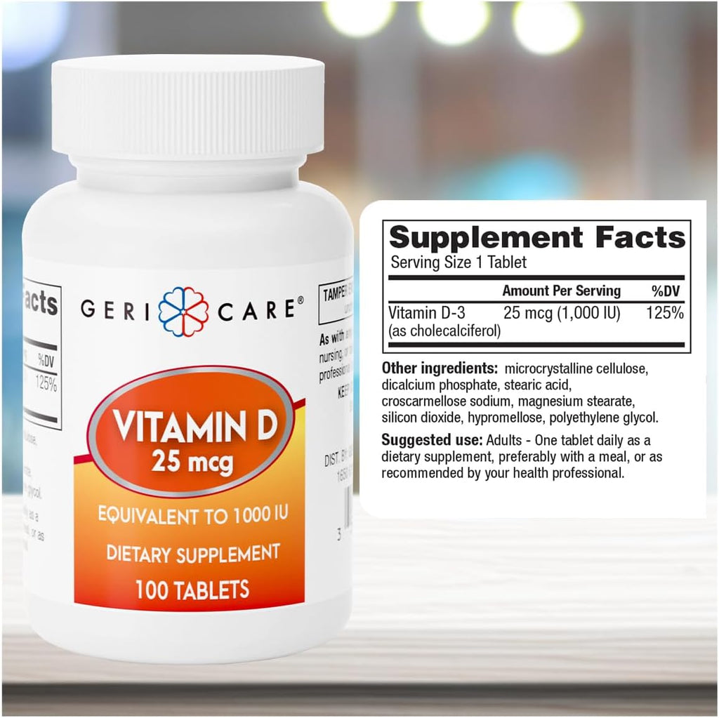 GeriCare Vitamina D 25 mcg (1000 UI) - 100 Comprimidos para Huesos e Inmunidad