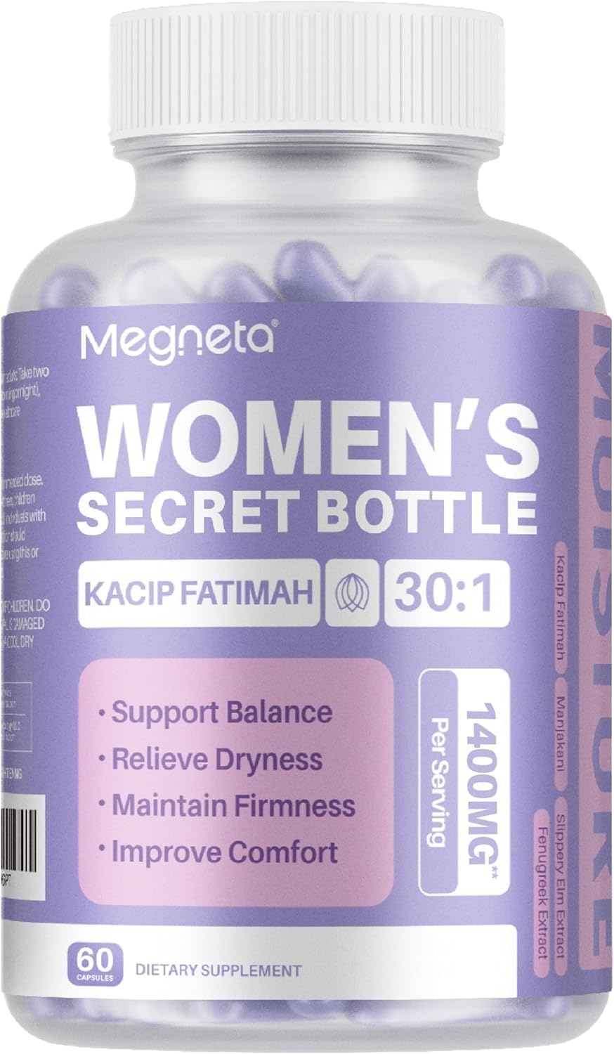 MEGNETA Suplemento Avanzado de Bienestar Femenino – Mezcla de Hierbas con Kacip Fatimah, Fenogreco, Corteza de Olmo Resbaladizo, Manjakani – 60 Cápsulas