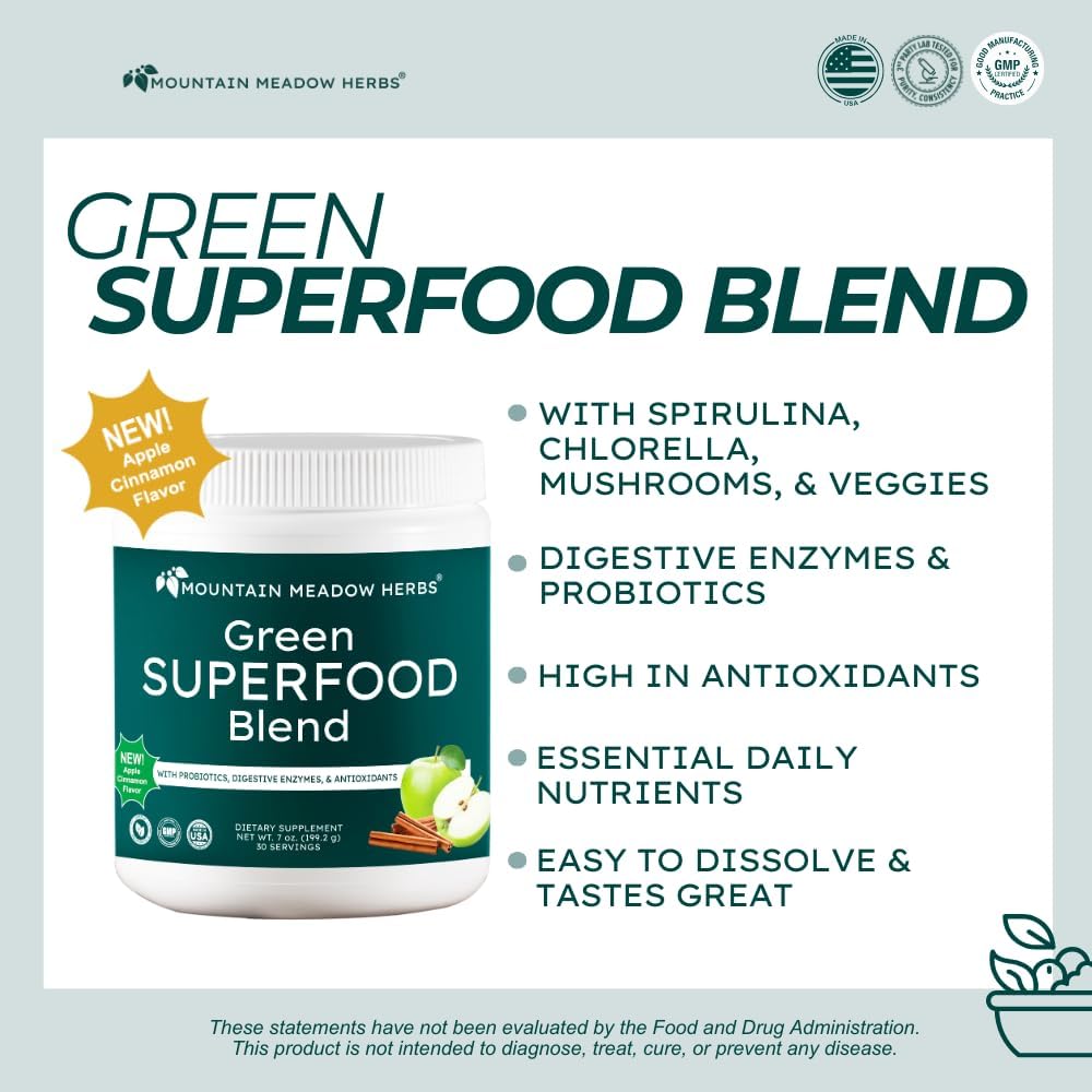 Mountain Meadow Herbs Green Superfood Blend – Mezcla de Superalimentos Verdes con Espirulina, Chlorella, Probióticos y Enzimas Digestivas – 30 porciones