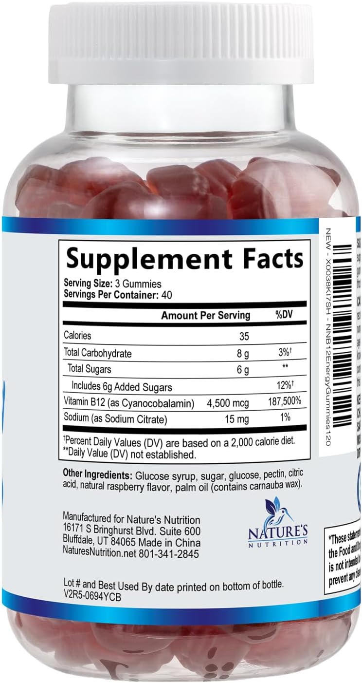 Nature's Nutrition B12 Energy Gummies - 4500 mcg Vitamina B12 - Gomitas Extra Fuertes para Energía, Metabolismo y Sistema Inmunológico - Sabor Natural a Bayas - 120 Gomitas