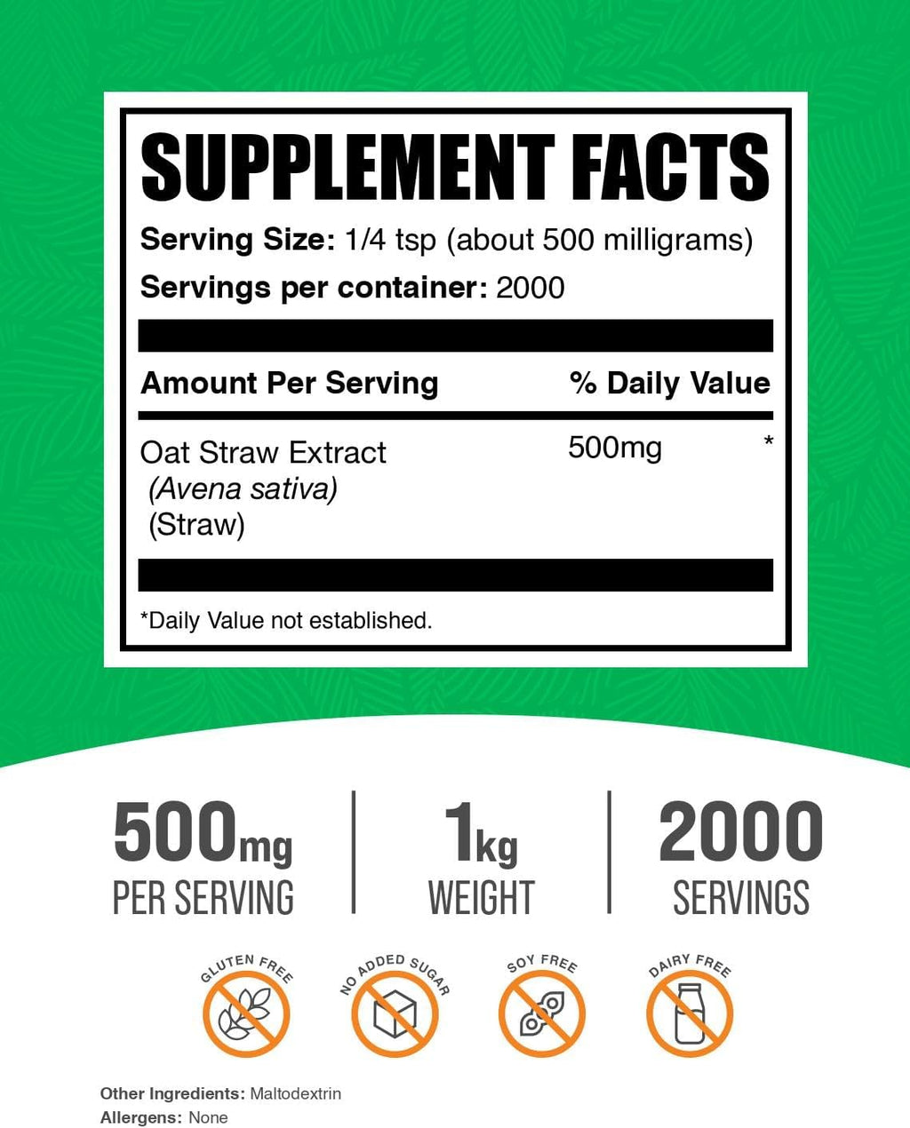 BulkSupplements Avena Sativa - Extracto de Paja de Avena en Polvo - 500mg por Ración, 1kg