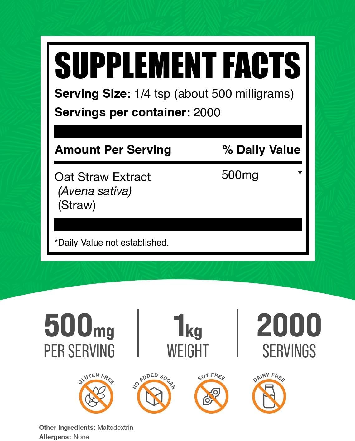 BulkSupplements Avena Sativa - Extracto de Paja de Avena en Polvo - 500mg por Ración, 1kg