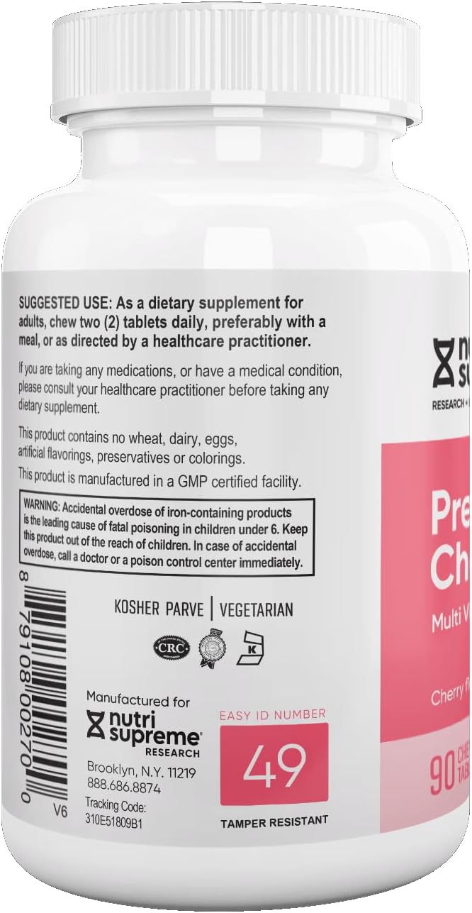 Nutri Supreme Vitaminas Prenatales Masticables – 800 mcg de Folato y Hierro – Sabor Cereza – 90 Comprimidos