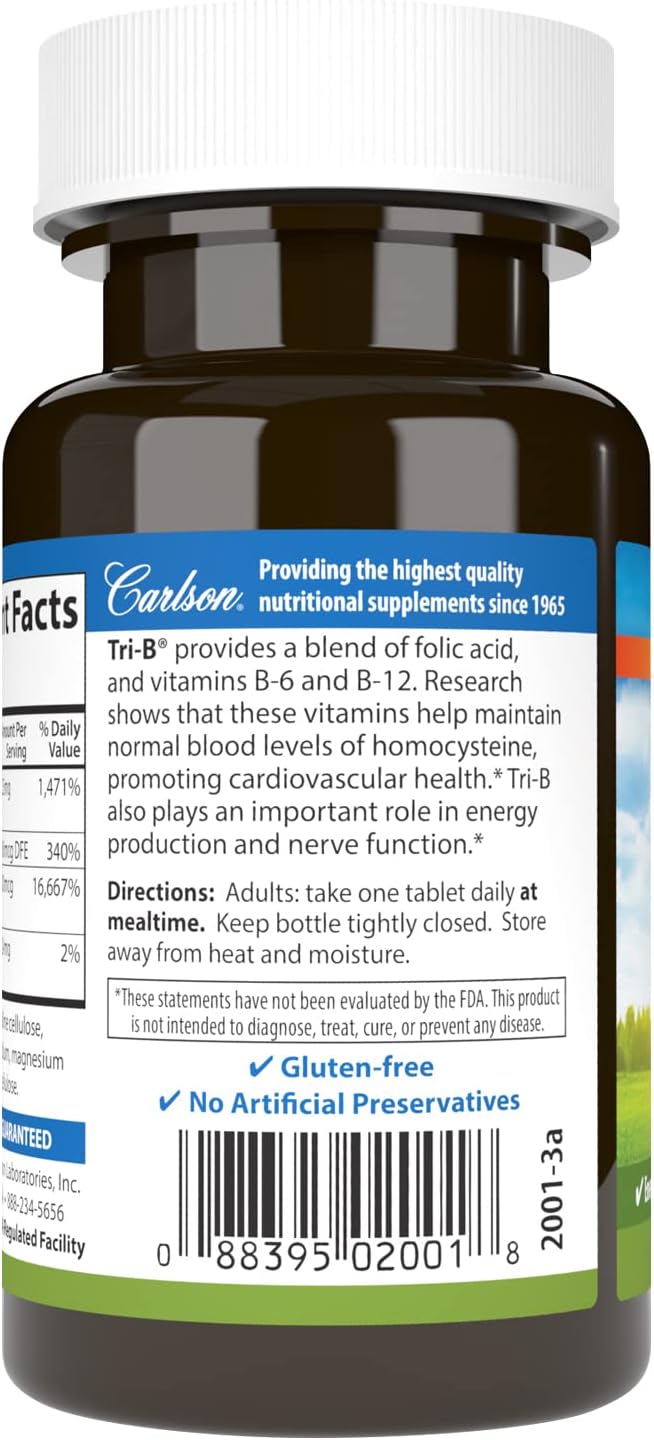 Carlson Tri-B Complejo de Vitamina B - 25 mg B6, 400 mcg B12, Ácido Fólico - 120 Comprimidos