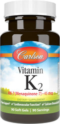 Carlson - Vitamina K2 MK-7 (Menaquinona), 45 mcg, Soporte Óseo, Biodisponibilidad del Calcio, Vitamina K2, 90 Cápsulas Blandas