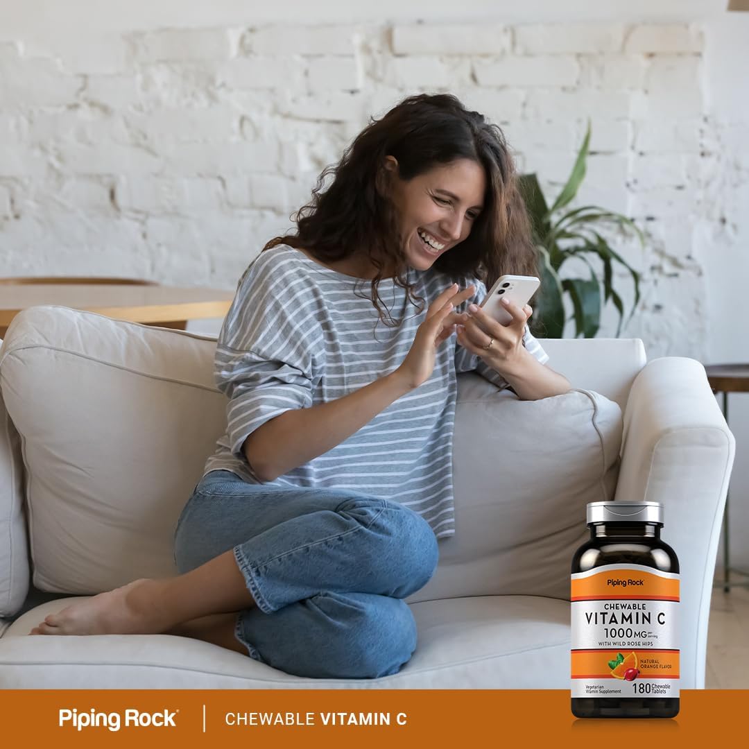 Piping Rock Vitamina C 1000mg Comprimidos Masticables con Rosa Mosqueta, Sabor Naranja, 180 Unidades
