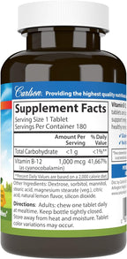 Carlson Vitamina B12 Masticable 1000 mcg - 180 Comprimidos Sabor Limón