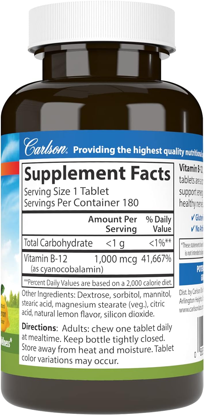 Carlson Vitamina B12 Masticable 1000 mcg - 180 Comprimidos Sabor Limón