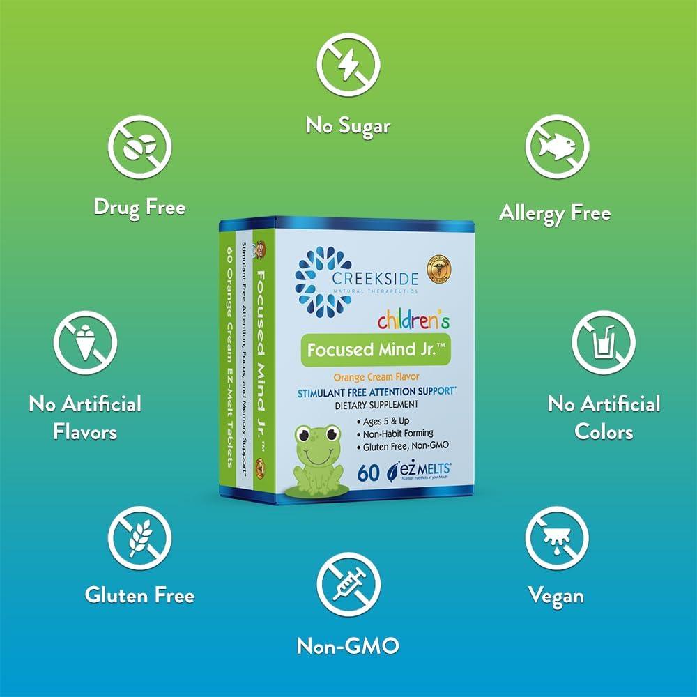 Focused Mind Jr., Apoyo Cognitivo para Niños, Formulado por Pediatras, Suplemento sin Estimulantes con Inositol y Fosfatidilserina, Sin Azúcar, Vegano, 60 Comprimidos EZ Melt