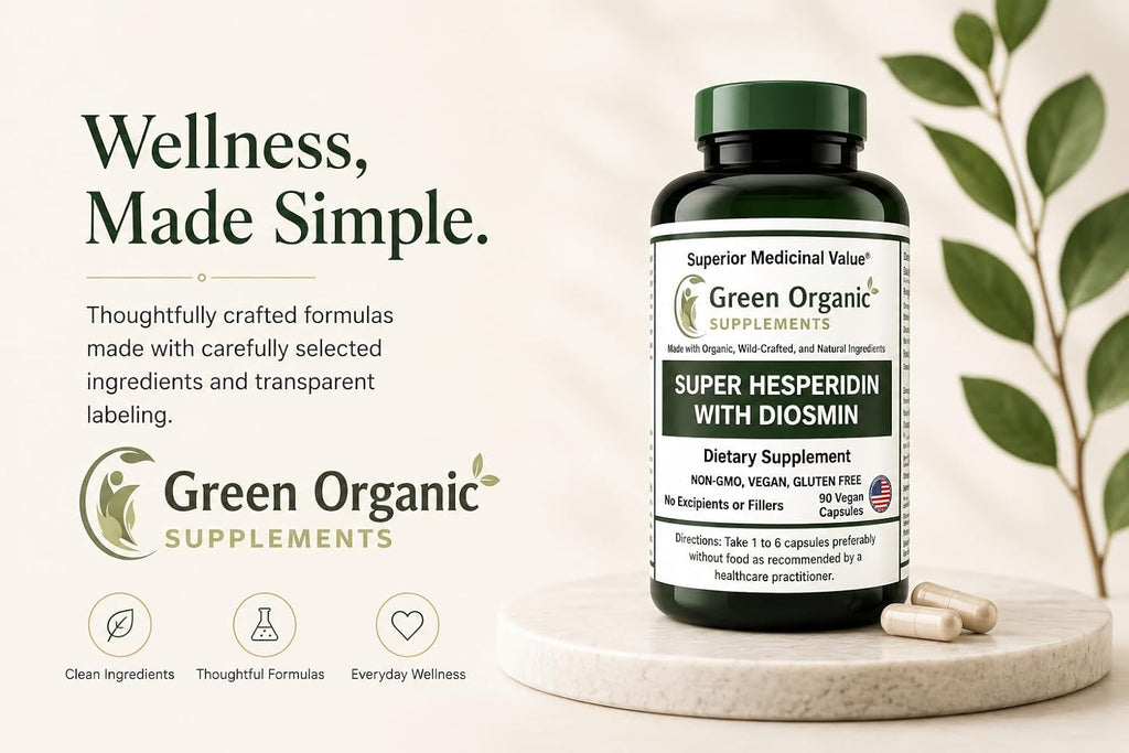Green Organic Supplements Super Hesperidin con Diosmin y Naringin, Hecho a Mano, Sin OGM, Vegano y Sin Gluten