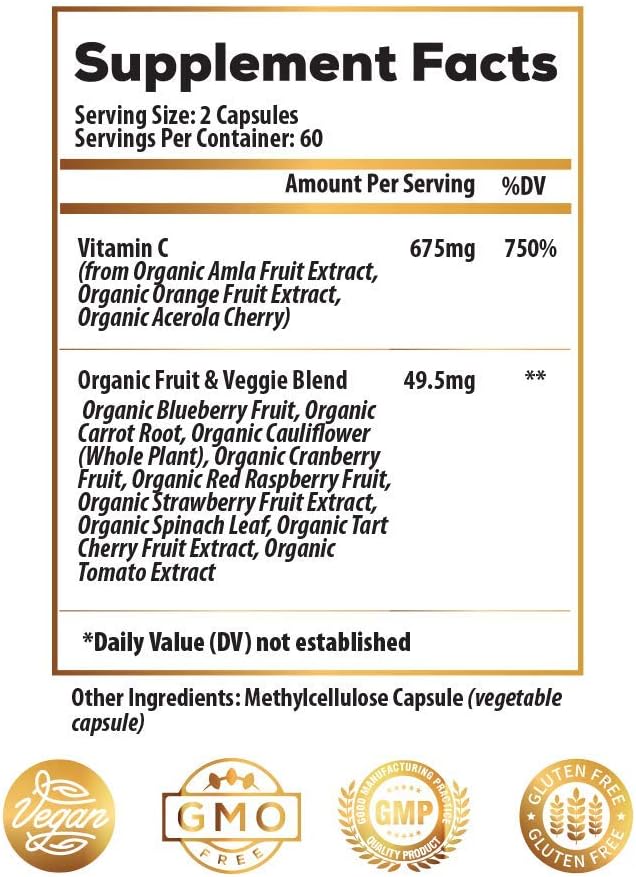 Complemento de Vitamina C de Alimentos Integrales 675 mg – Complejo de Vitamina C de Origen Vegetal con Naranjas Orgánicas, Acerola y Cofactores Naturales – Apoyo Inmunitario y Antioxidante – Vegano – 120 Cápsulas