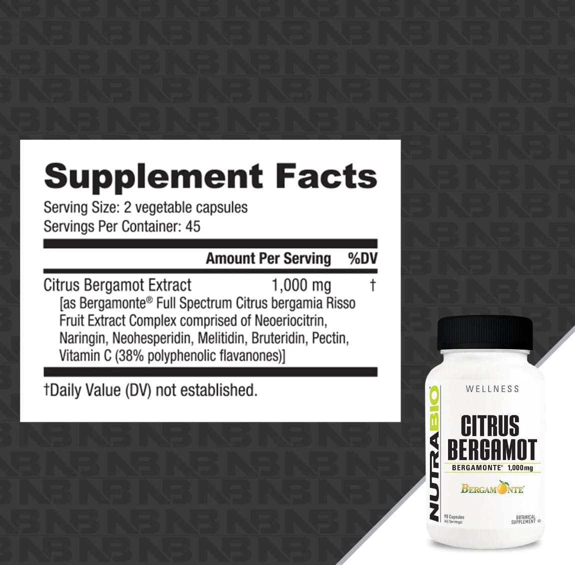 NutraBio Extracto de Bergamota Cítrica Bergamonte® 1000mg, 90 Cápsulas