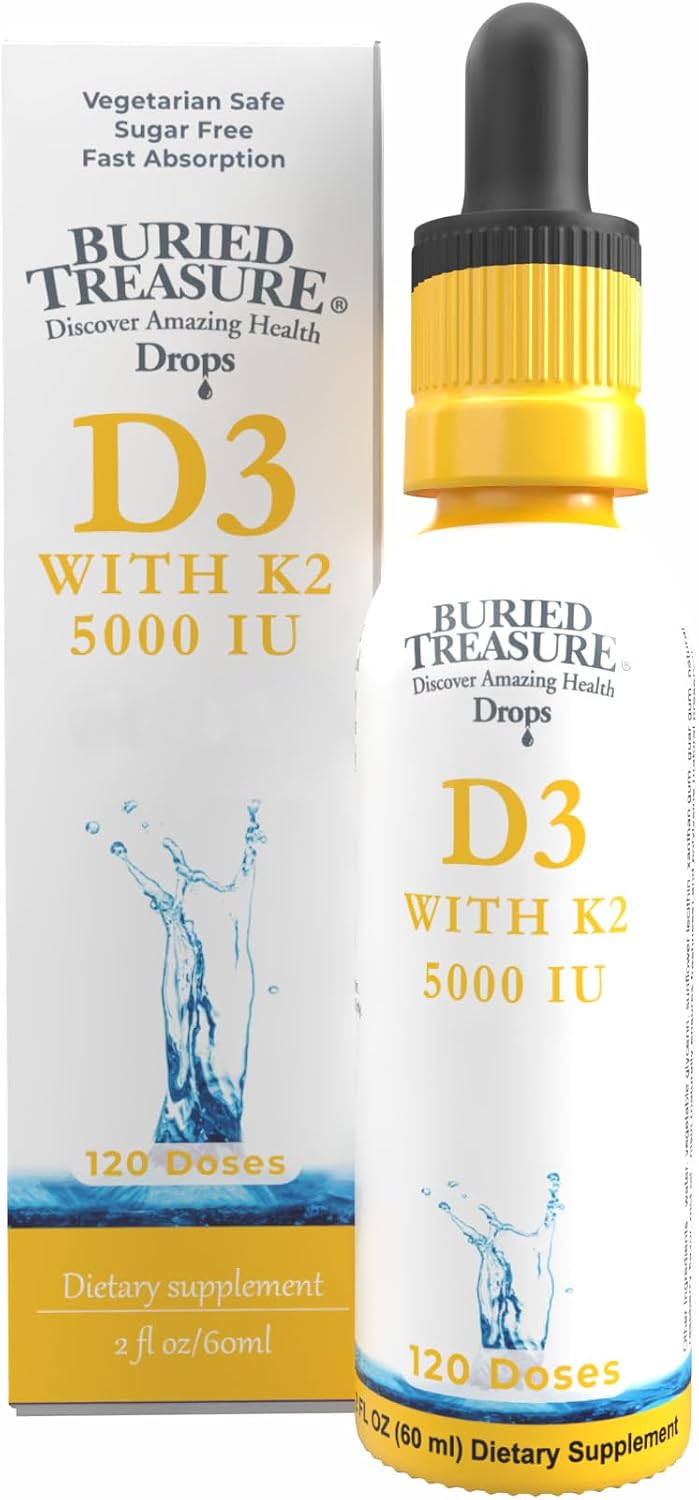 Buried Treasure Gotas de Vitamina D3 y K2 - 5000 UI D3 con 80 mcg K2 Mk-7 - Suplemento Líquido para Huesos, Corazón e Inmunidad - Sin Azúcar - 60 ml (2 fl oz)