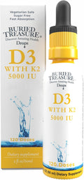 Buried Treasure Gotas de Vitamina D3 y K2 - 5000 UI D3 con 80 mcg K2 Mk-7 - Suplemento Líquido para Huesos, Corazón e Inmunidad - Sin Azúcar - 60 ml (2 fl oz)
